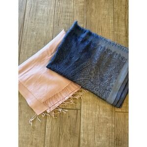 Two Pashmina Blend Long Scarves Stoles Shawl Wraps Solid Pink & Blue Paisley EUC